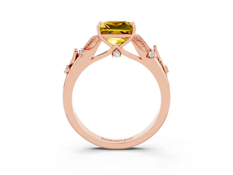 Rose gold Princess Cut Yellow Sapphire Solitaire Ring with Leaf Motif Band and Four-Prong Setting_3