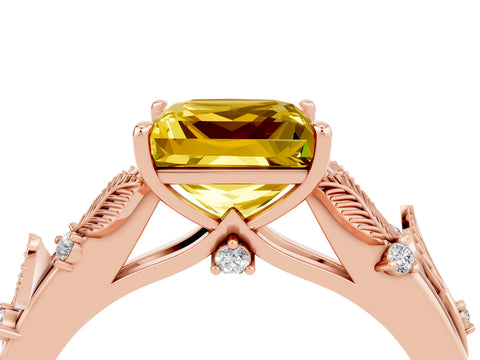 Rose gold Princess Cut Yellow Sapphire Solitaire Ring with Leaf Motif Band and Four-Prong Setting_4
