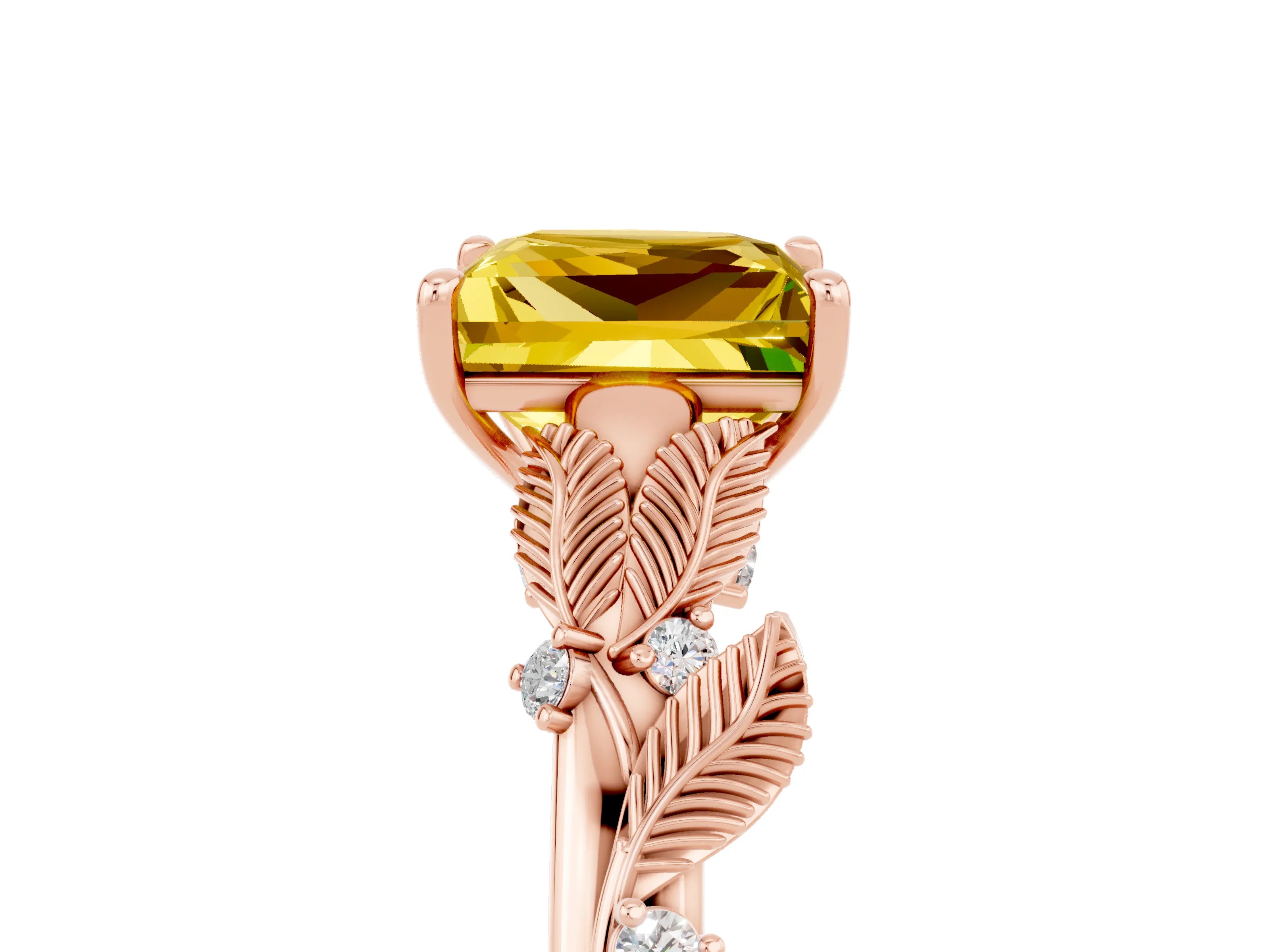 Rose gold Princess Cut Yellow Sapphire Solitaire Ring with Leaf Motif Band and Four-Prong Setting_5