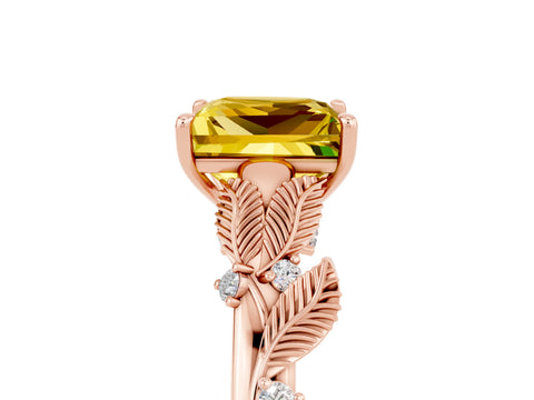 Rose gold Princess Cut Yellow Sapphire Solitaire Ring with Leaf Motif Band and Four-Prong Setting_5