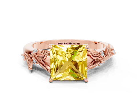 Rose gold Princess Cut Yellow Sapphire Solitaire Ring with Leaf Motif Band and Four-Prong Setting