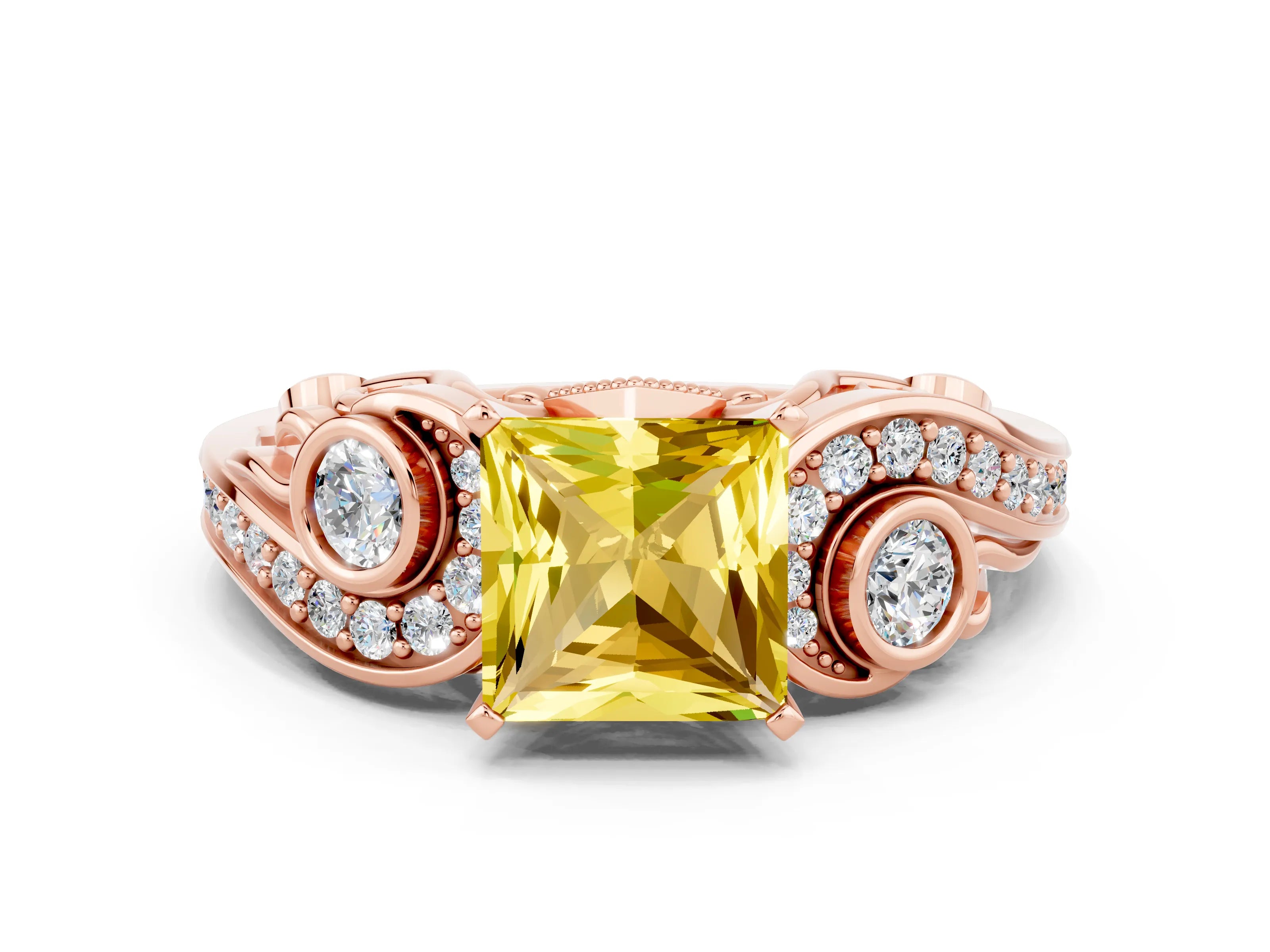 Rose gold Princess Cut Yellow Sapphire Solitaire Ring with Milgrain Pavé Band and Four-Prong Setting_24