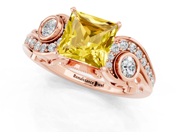 Rose gold Princess Cut Yellow Sapphire Solitaire Ring with Milgrain Pavé Band and Four-Prong Setting