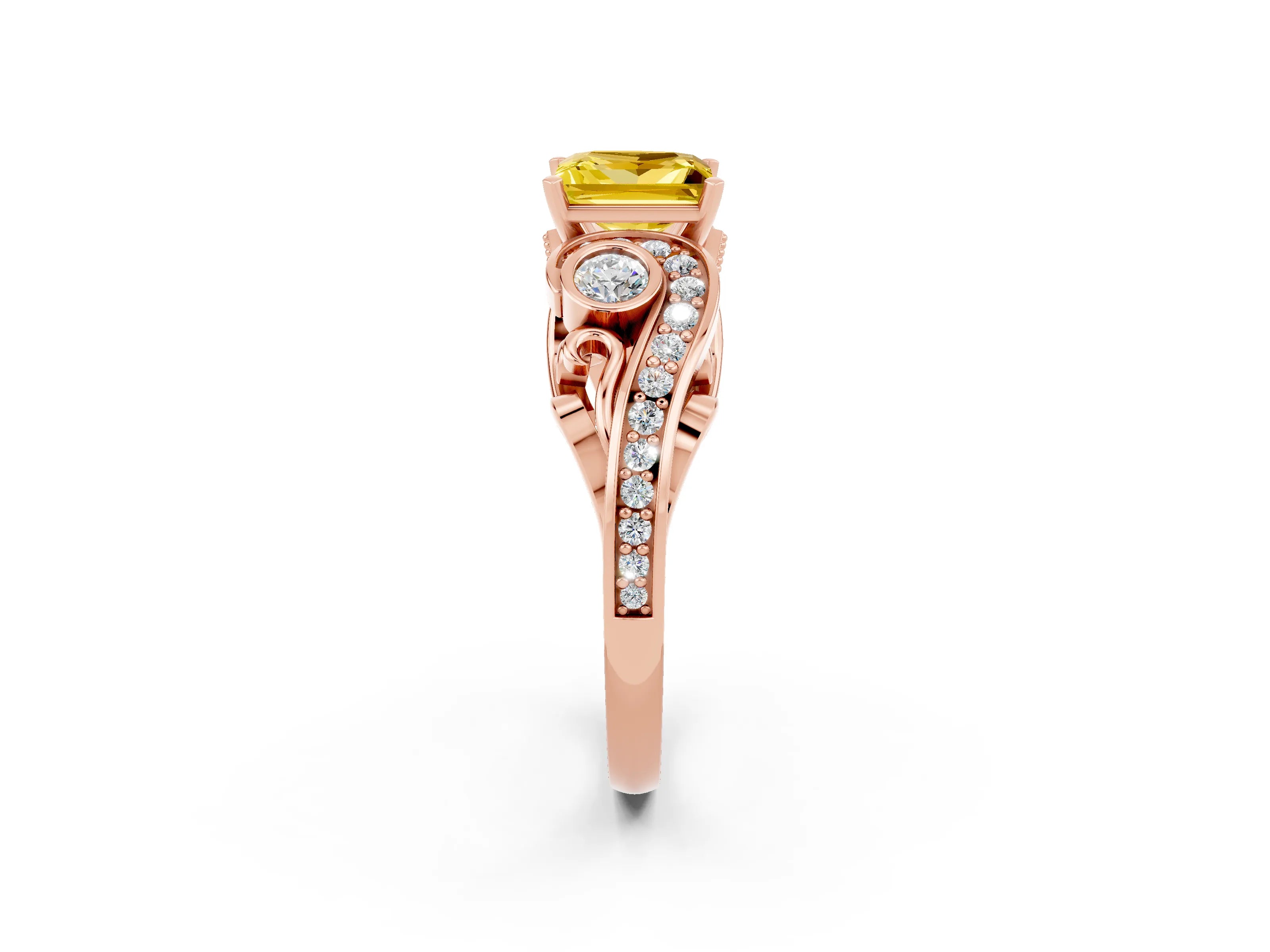Rose gold Princess Cut Yellow Sapphire Solitaire Ring with Milgrain Pavé Band and Four-Prong Setting_26