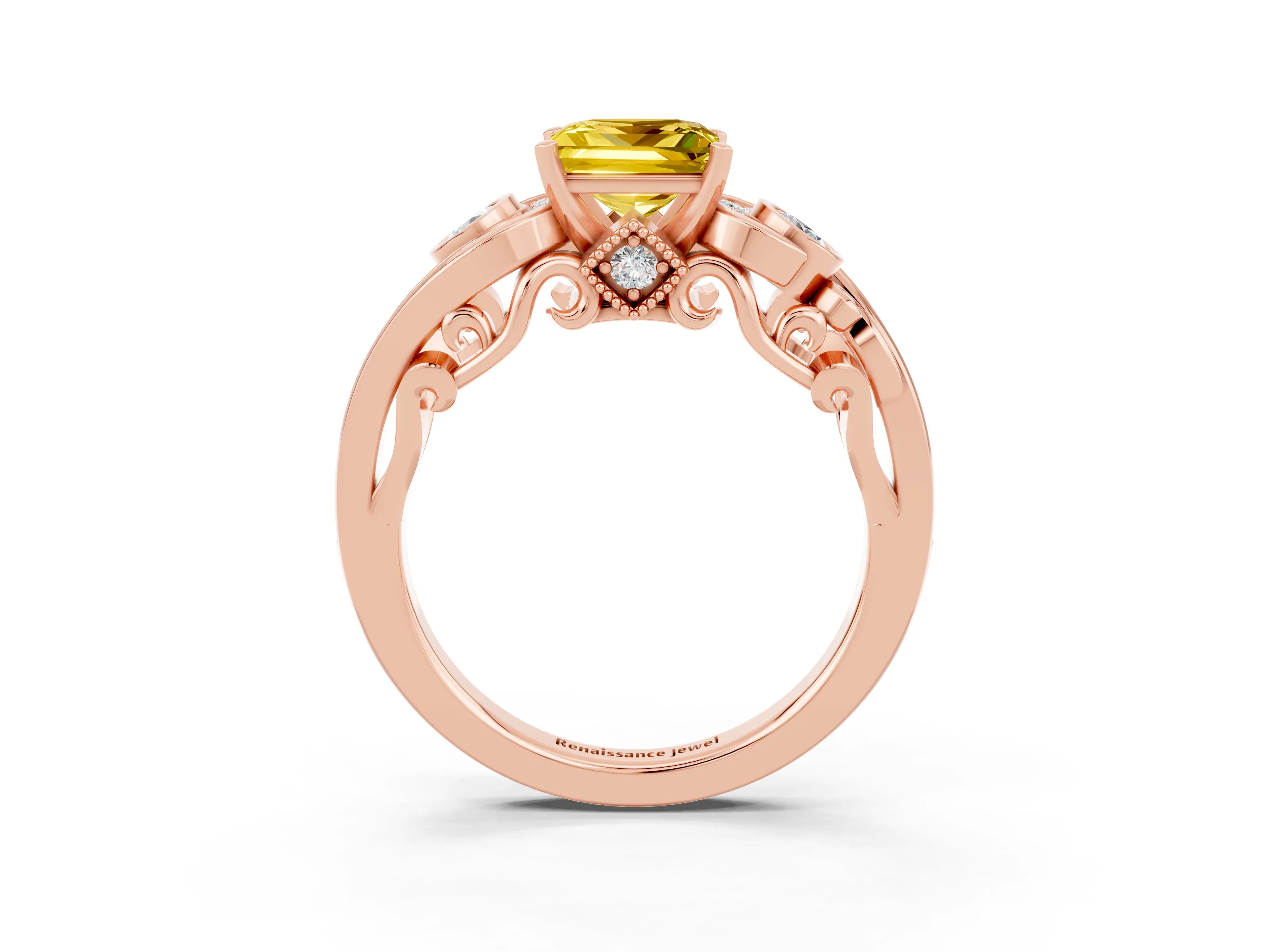 Rose gold Princess Cut Yellow Sapphire Solitaire Ring with Milgrain Pavé Band and Four-Prong Setting_27