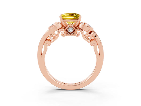 Rose gold Princess Cut Yellow Sapphire Solitaire Ring with Milgrain Pavé Band and Four-Prong Setting