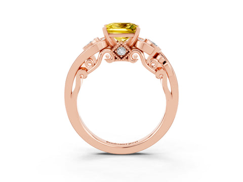 Rose gold Princess Cut Yellow Sapphire Solitaire Ring with Milgrain Pavé Band and Four-Prong Setting_27