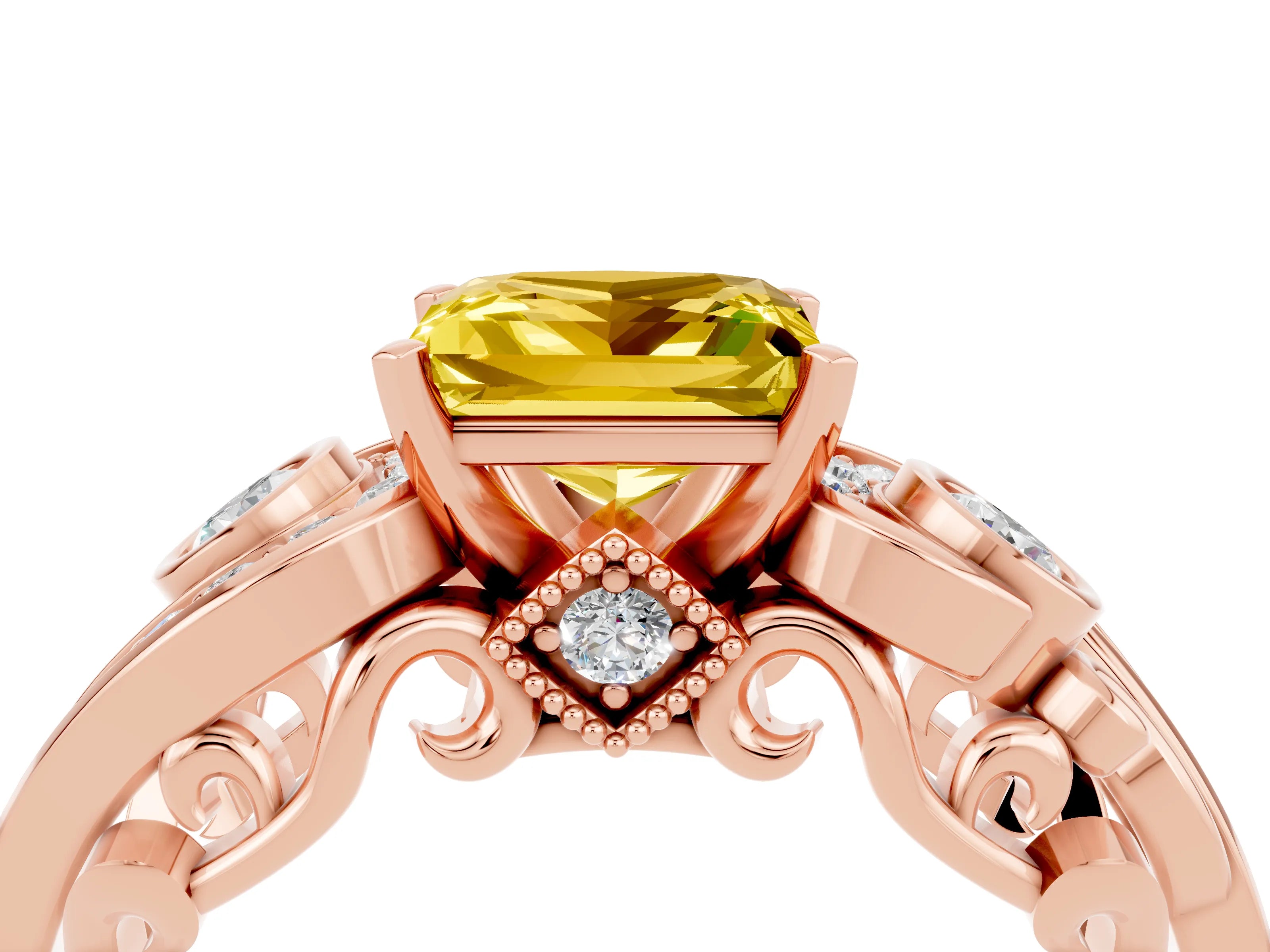 Rose gold Princess Cut Yellow Sapphire Solitaire Ring with Milgrain Pavé Band and Four-Prong Setting_28