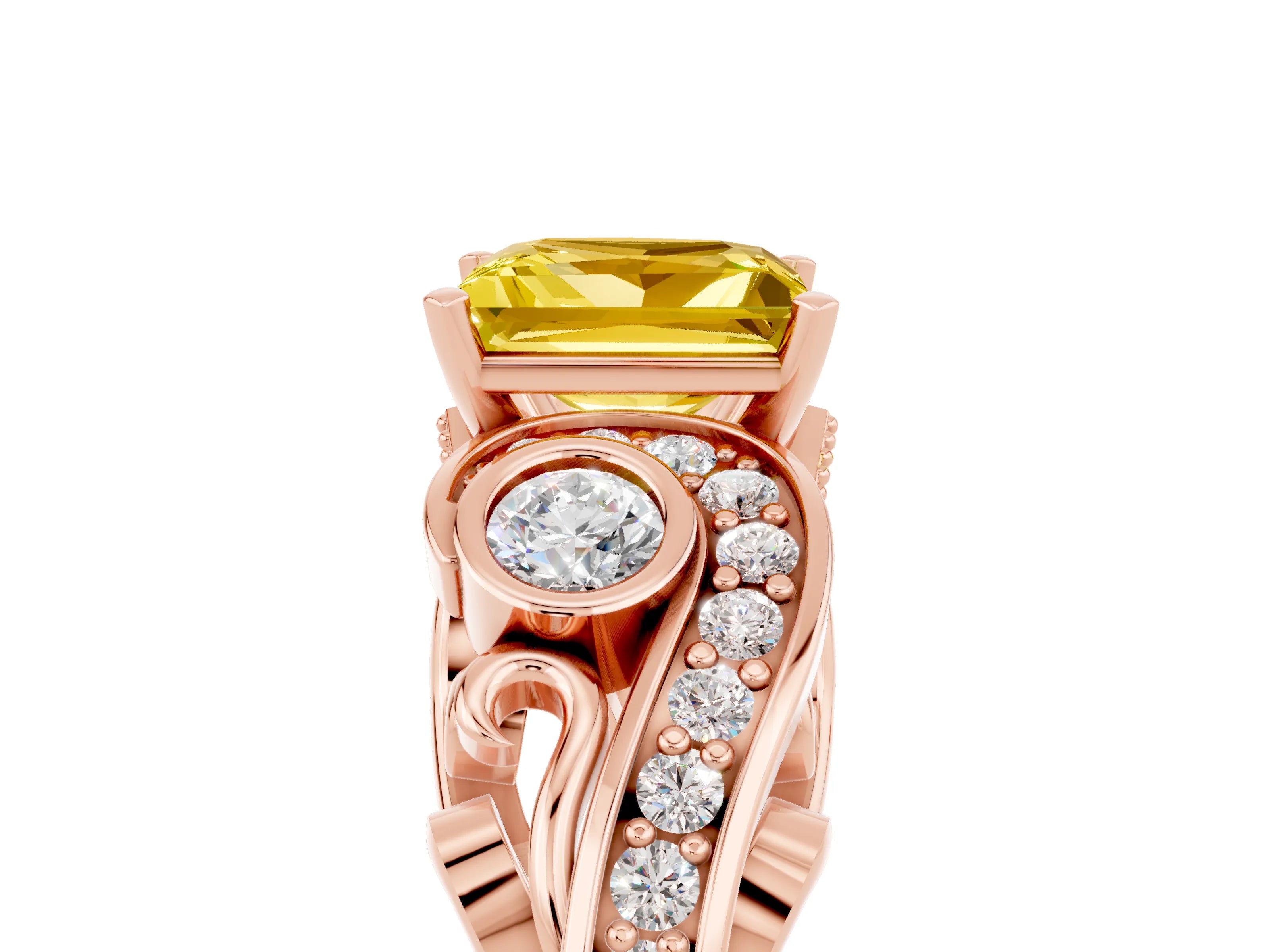 Rose gold Princess Cut Yellow Sapphire Solitaire Ring with Milgrain Pavé Band and Four-Prong Setting_29