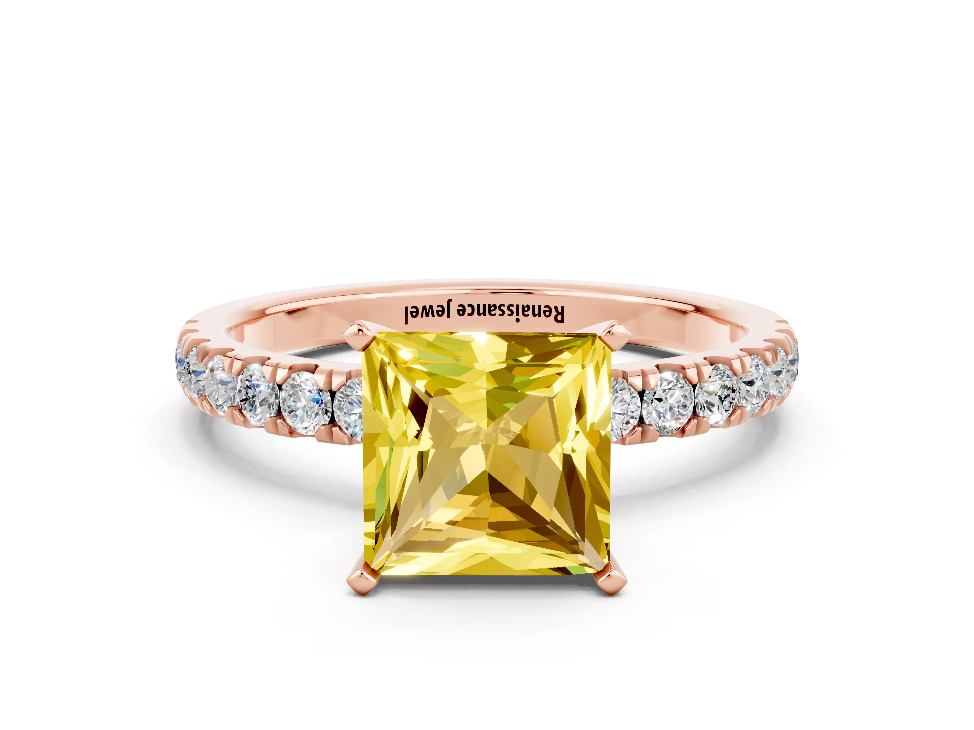 Rose gold Princess Cut Yellow Sapphire Solitaire Ring with Pavé Accents and Four-Prong Setting_24