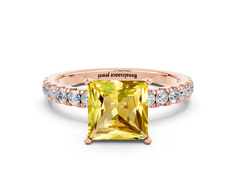 Rose gold Princess Cut Yellow Sapphire Solitaire Ring with Pavé Accents and Four-Prong Setting_24