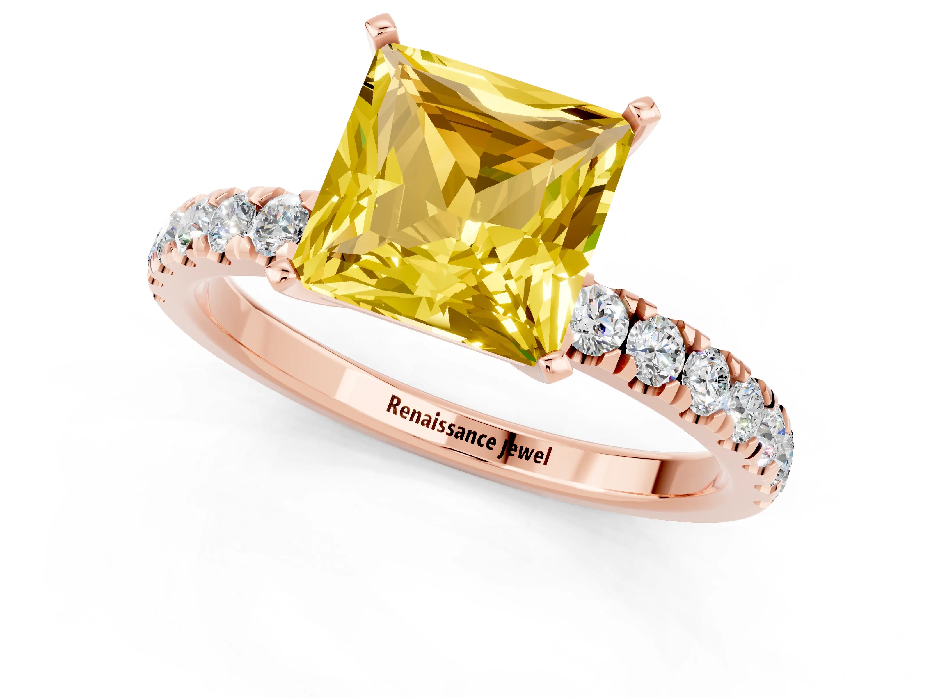 Rose gold Princess Cut Yellow Sapphire Solitaire Ring with Pavé Accents and Four-Prong Setting_25