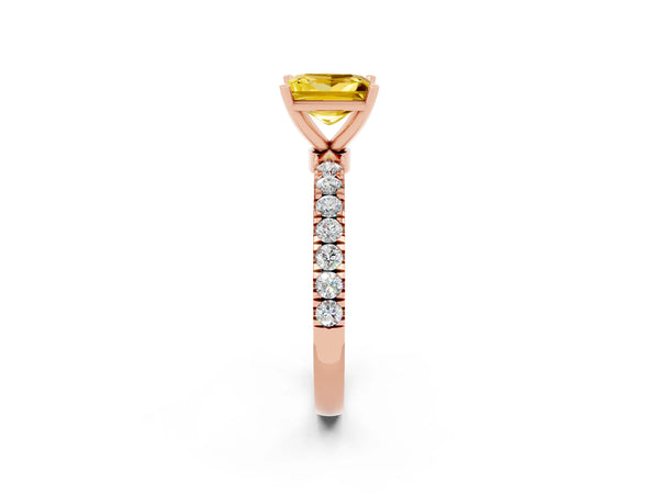 Rose gold Princess Cut Yellow Sapphire Solitaire Ring with Pavé Accents and Four-Prong Setting