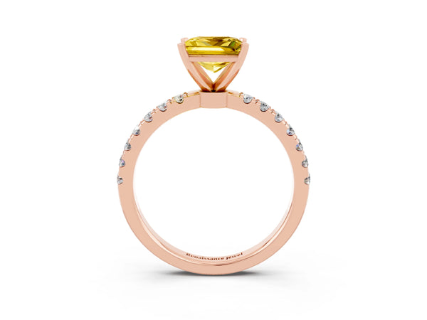 Rose gold Princess Cut Yellow Sapphire Solitaire Ring with Pavé Accents and Four-Prong Setting