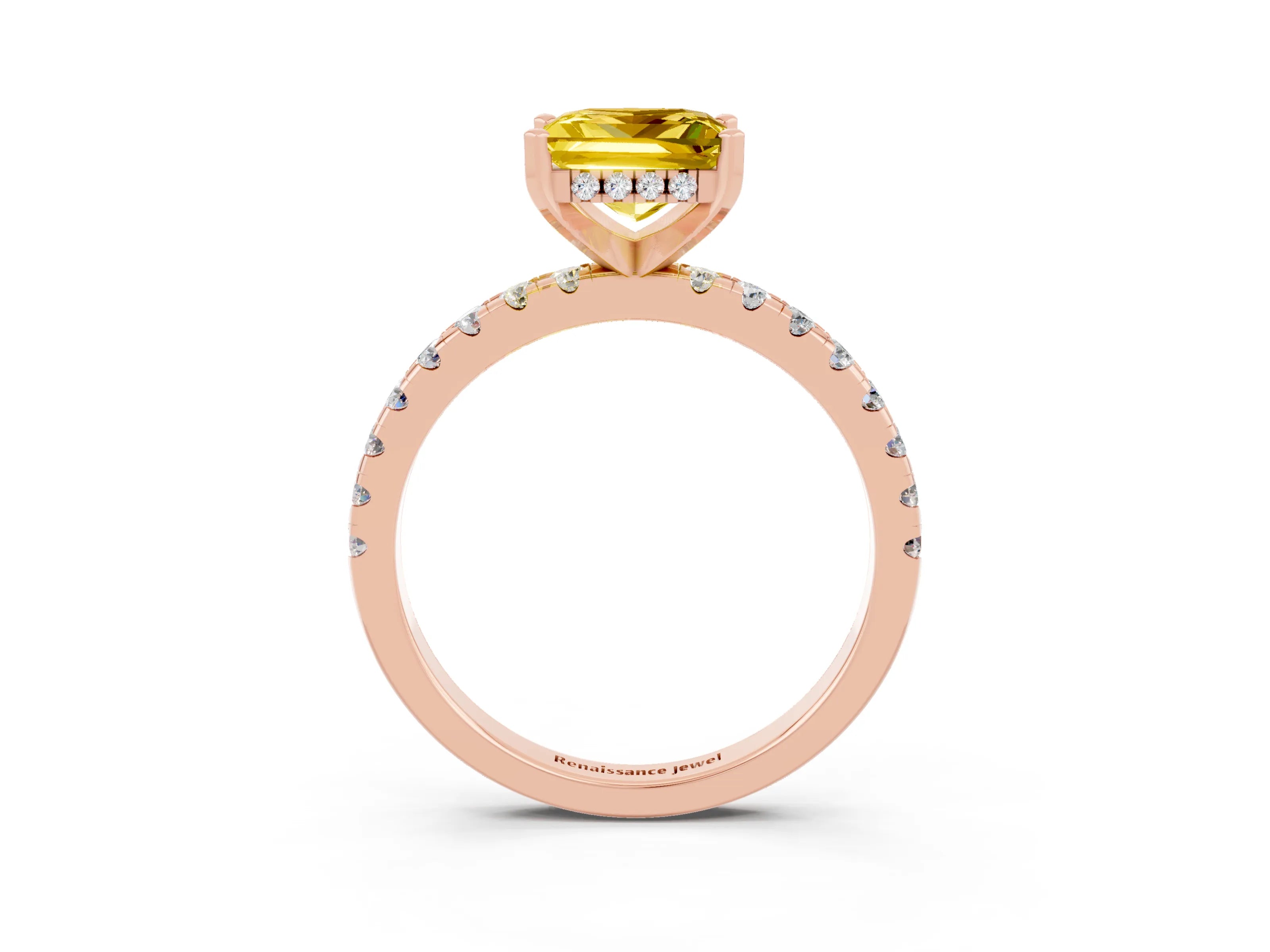 Rose gold Princess Cut Yellow Sapphire Solitaire Ring with Pavé Band and Four-Prong Setting_63