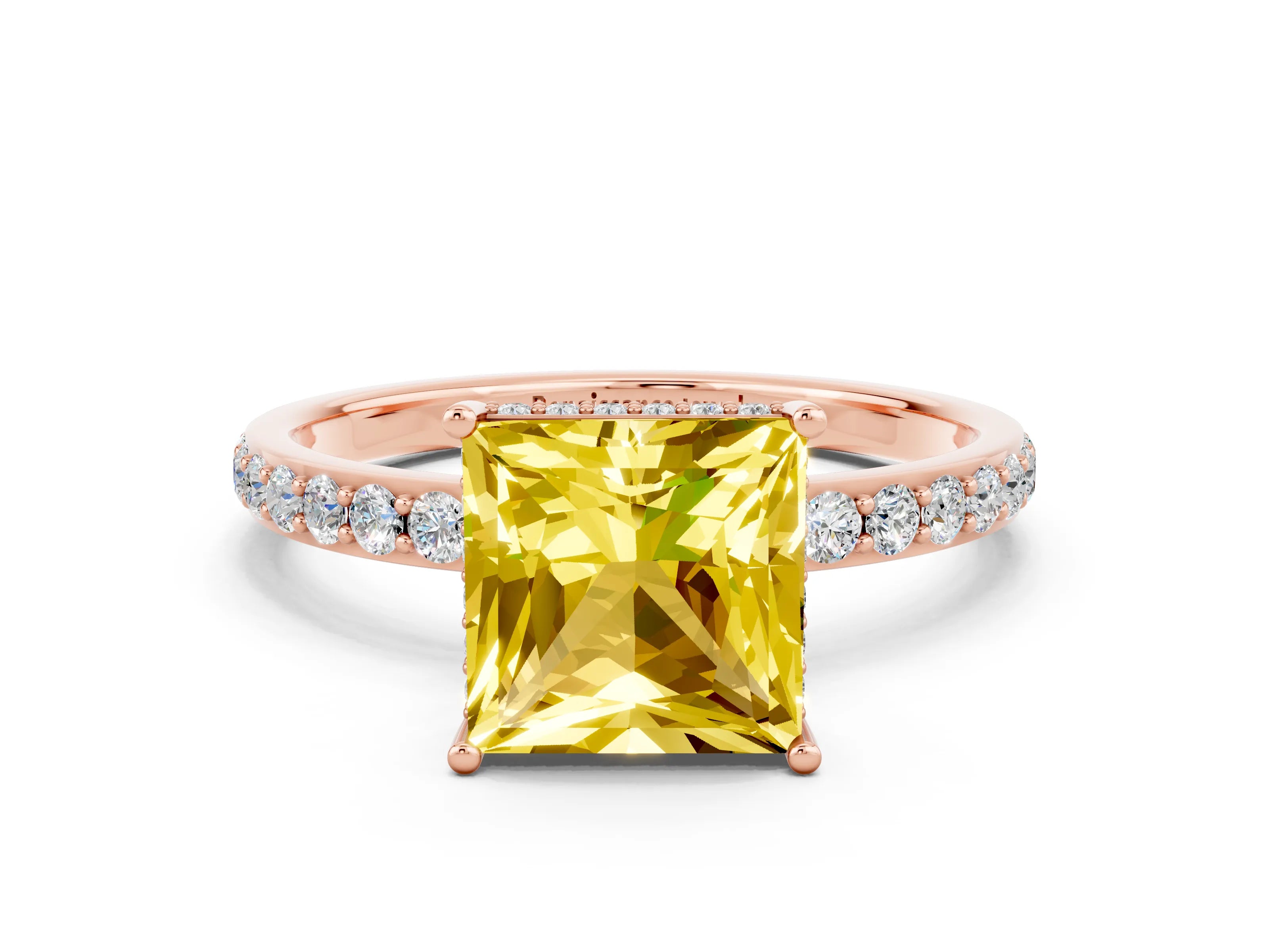 Rose gold Princess Cut Yellow Sapphire Solitaire Ring with Pavé Band and Hidden Halo_12
