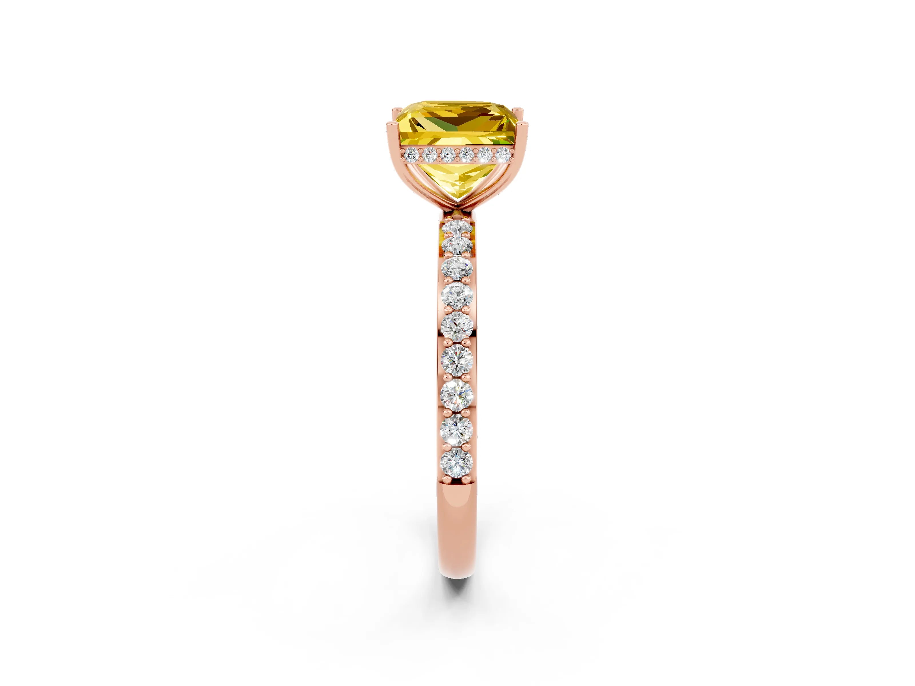 Rose gold Princess Cut Yellow Sapphire Solitaire Ring with Pavé Band and Hidden Halo_14