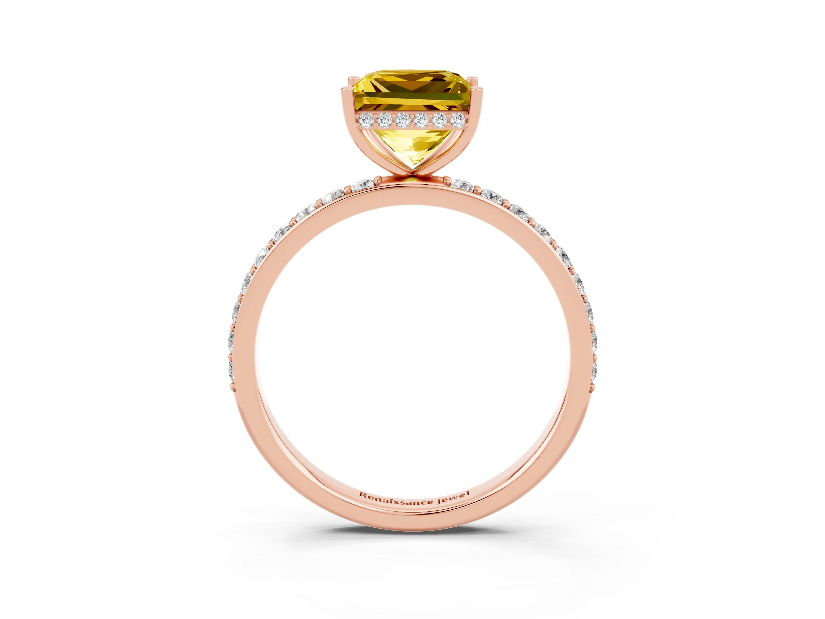 Rose gold Princess Cut Yellow Sapphire Solitaire Ring with Pavé Band and Hidden Halo_15