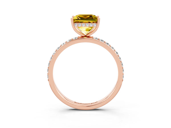 Rose gold Princess Cut Yellow Sapphire Solitaire Ring with Pavé Band and Hidden Halo