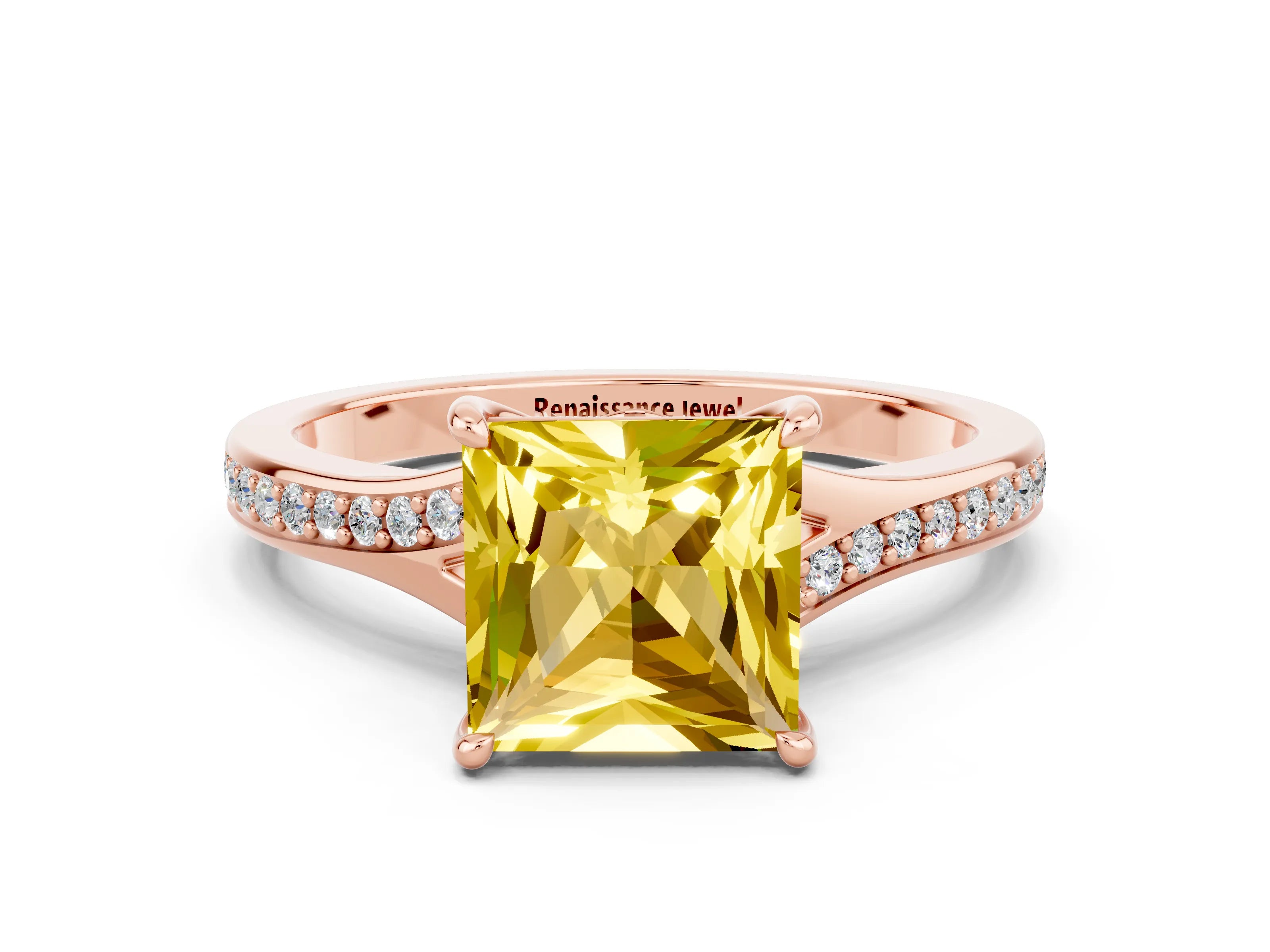 Rose gold Princess Cut Yellow Sapphire Solitaire Ring with Pavé Band and Prong Setting