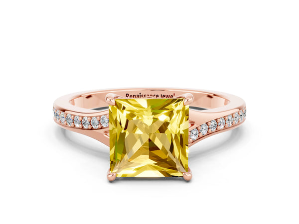Rose gold Princess Cut Yellow Sapphire Solitaire Ring with Pavé Band and Prong Setting