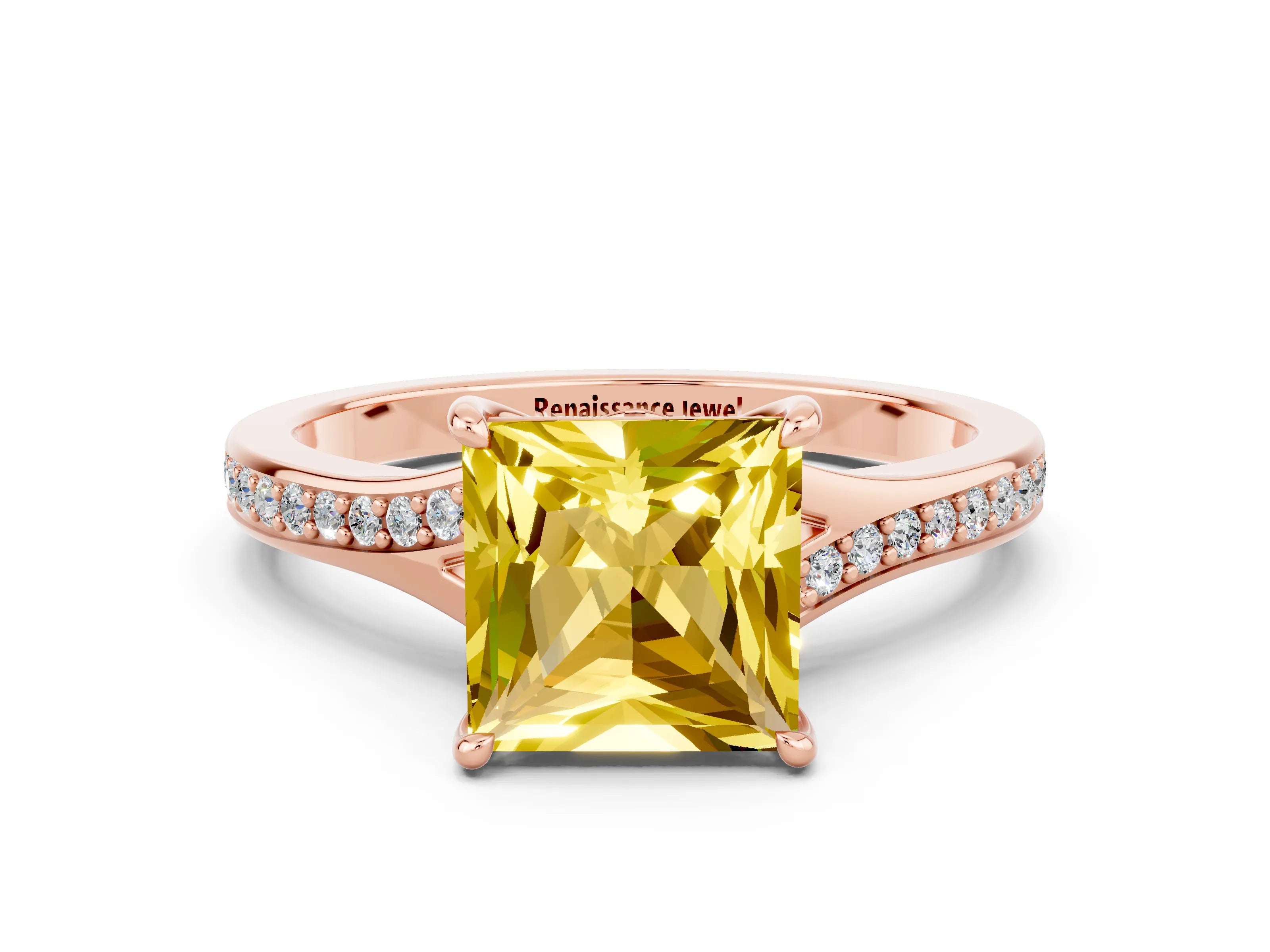 Rose gold Princess Cut Yellow Sapphire Solitaire Ring with Pavé Band and Prong Setting_12