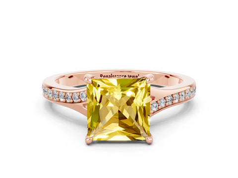 Rose gold Princess Cut Yellow Sapphire Solitaire Ring with Pavé Band and Prong Setting_12