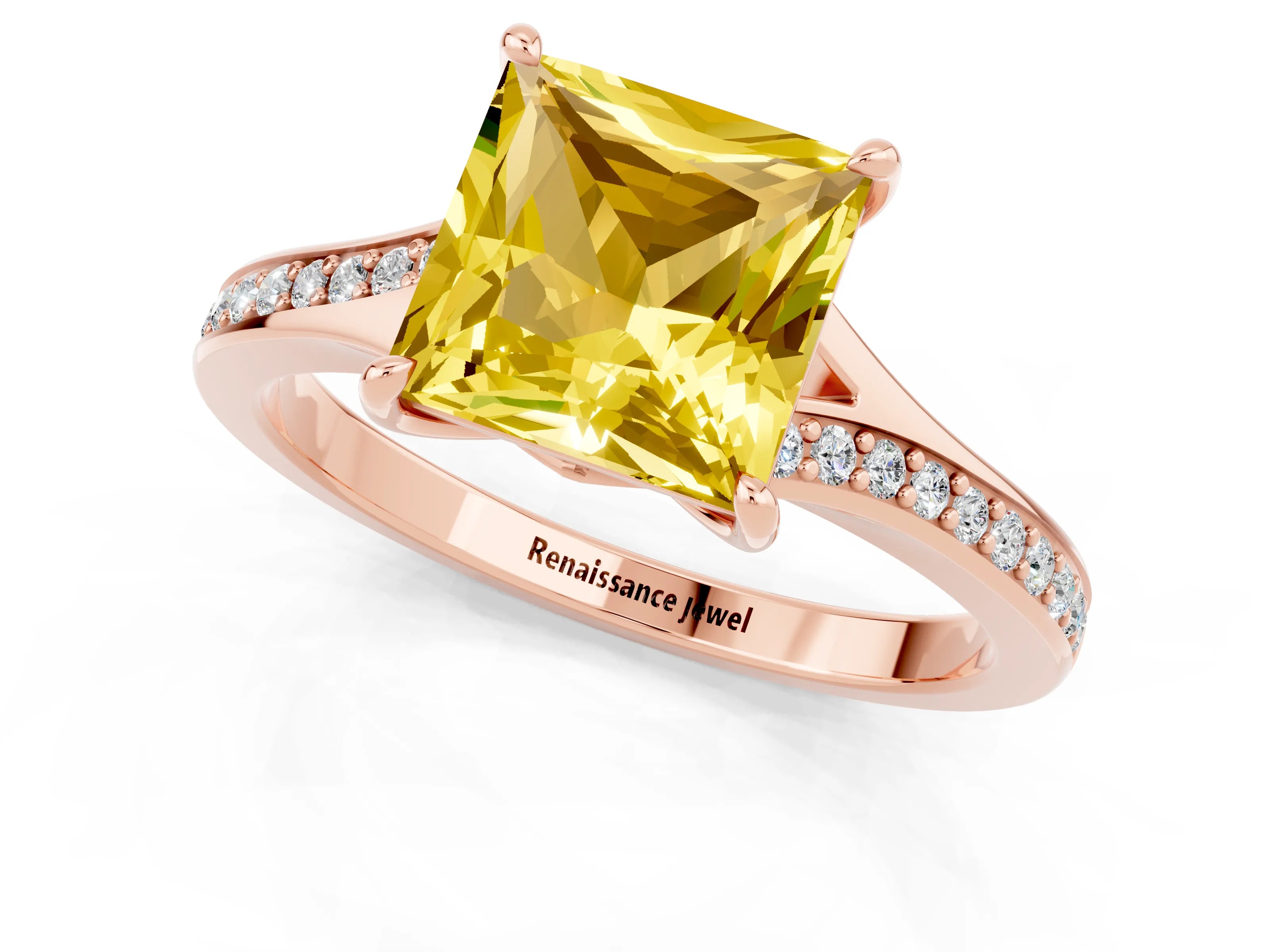 Rose gold Princess Cut Yellow Sapphire Solitaire Ring with Pavé Band and Prong Setting_13