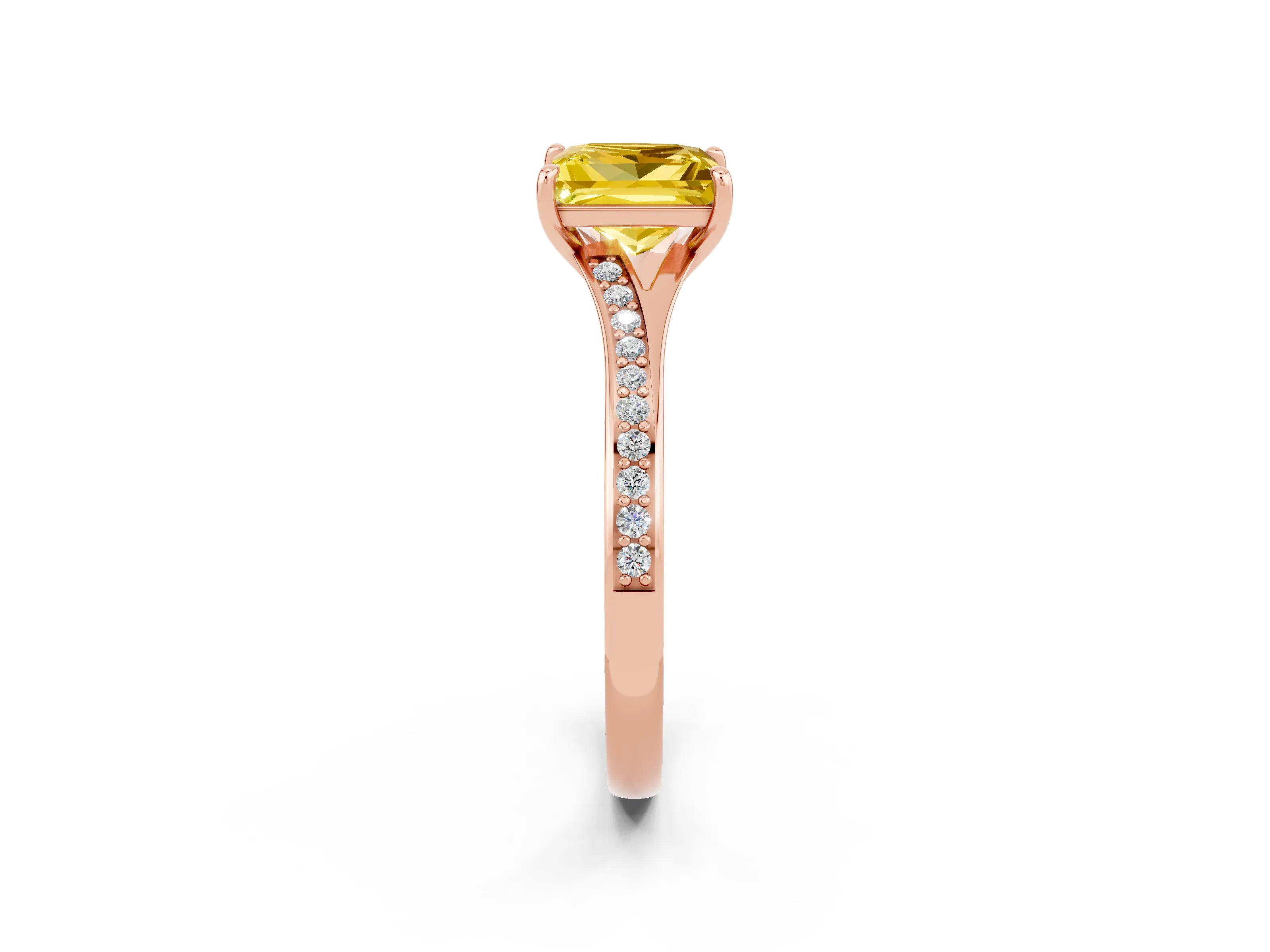 Rose gold Princess Cut Yellow Sapphire Solitaire Ring with Pavé Band and Prong Setting_14