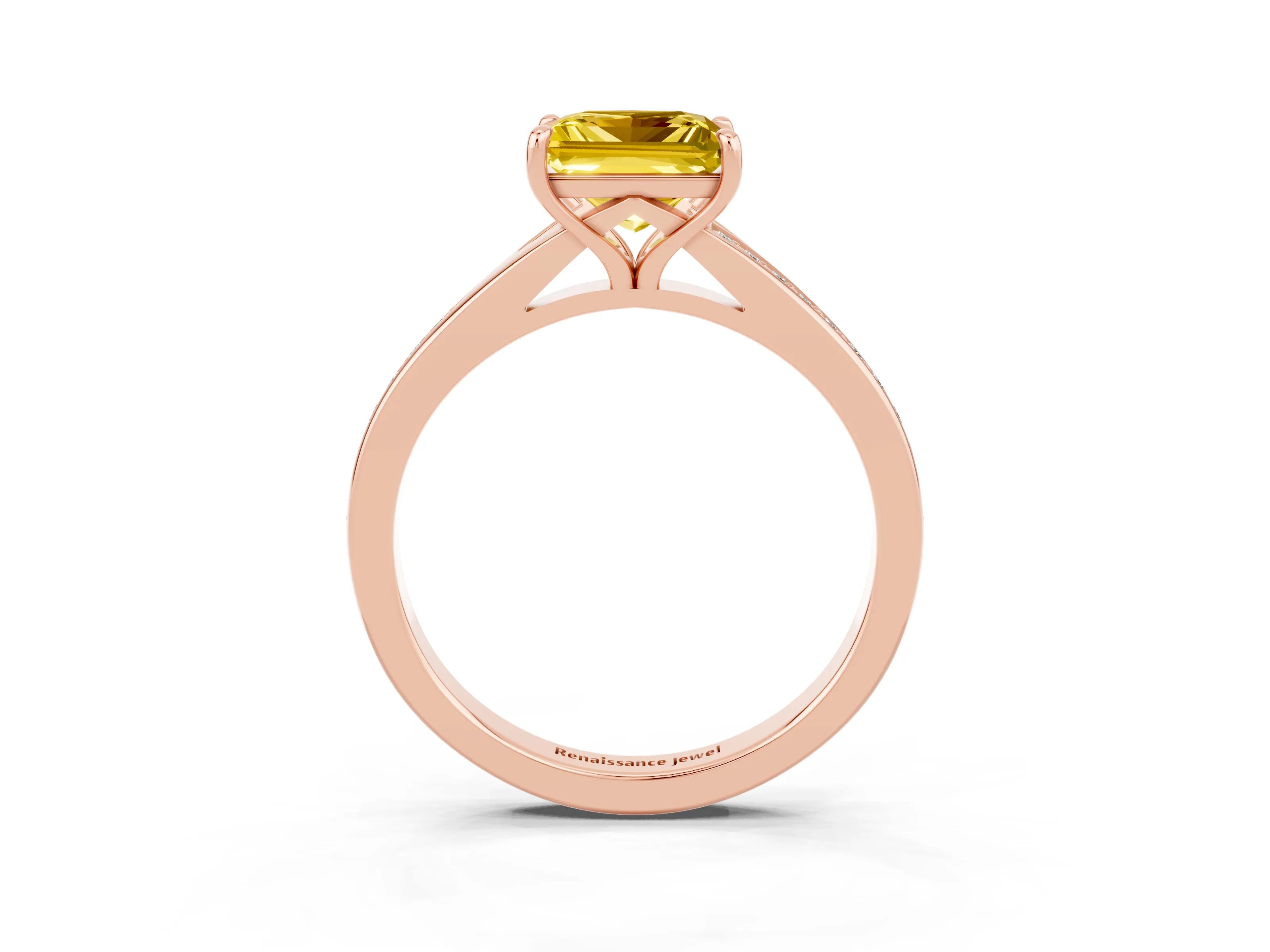 Rose gold Princess Cut Yellow Sapphire Solitaire Ring with Pavé Band and Prong Setting_15