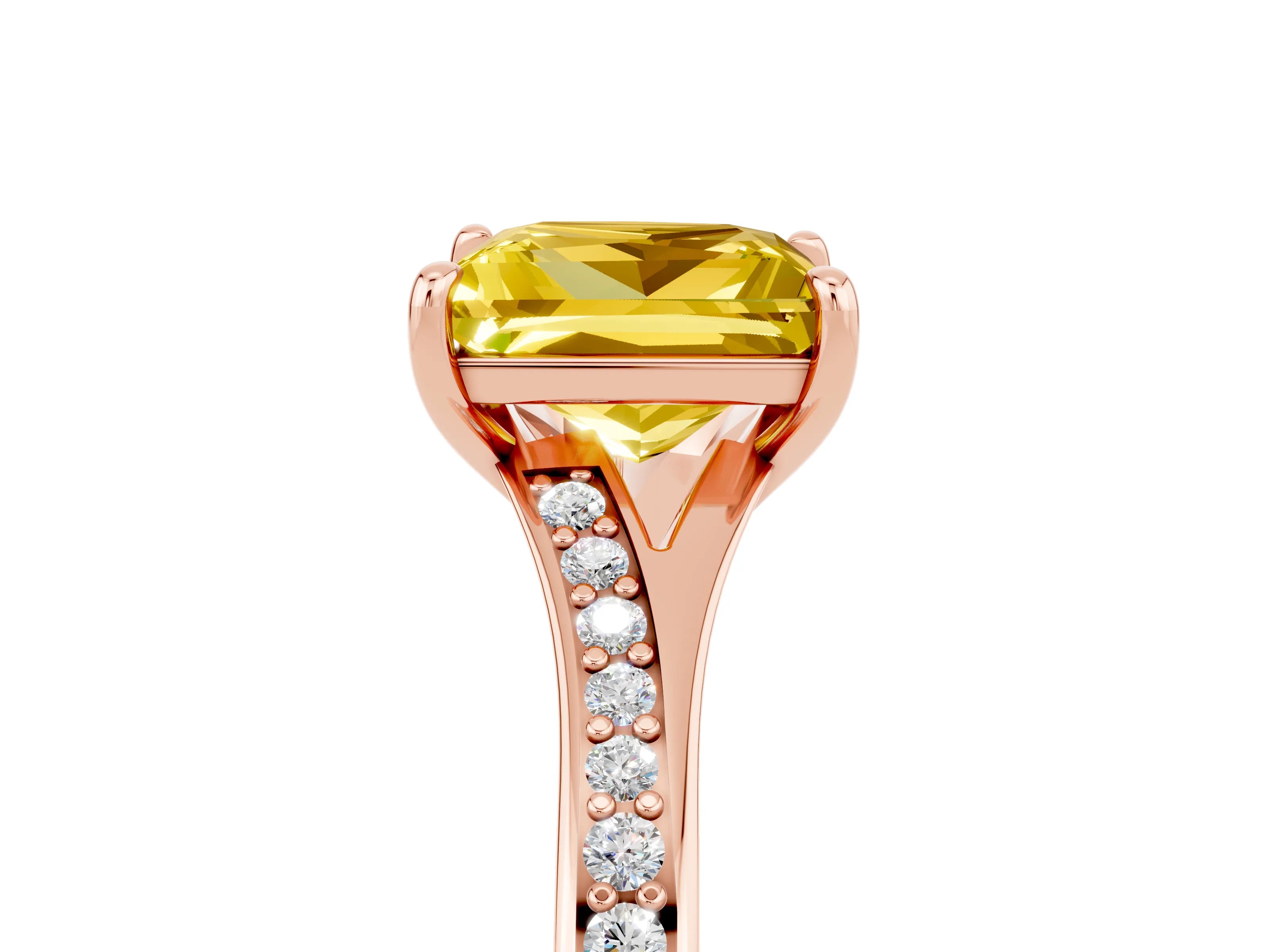 Rose gold Princess Cut Yellow Sapphire Solitaire Ring with Pavé Band and Prong Setting_17