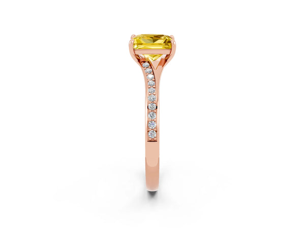 Rose gold Princess Cut Yellow Sapphire Solitaire Ring with Pavé Band and Prong Setting