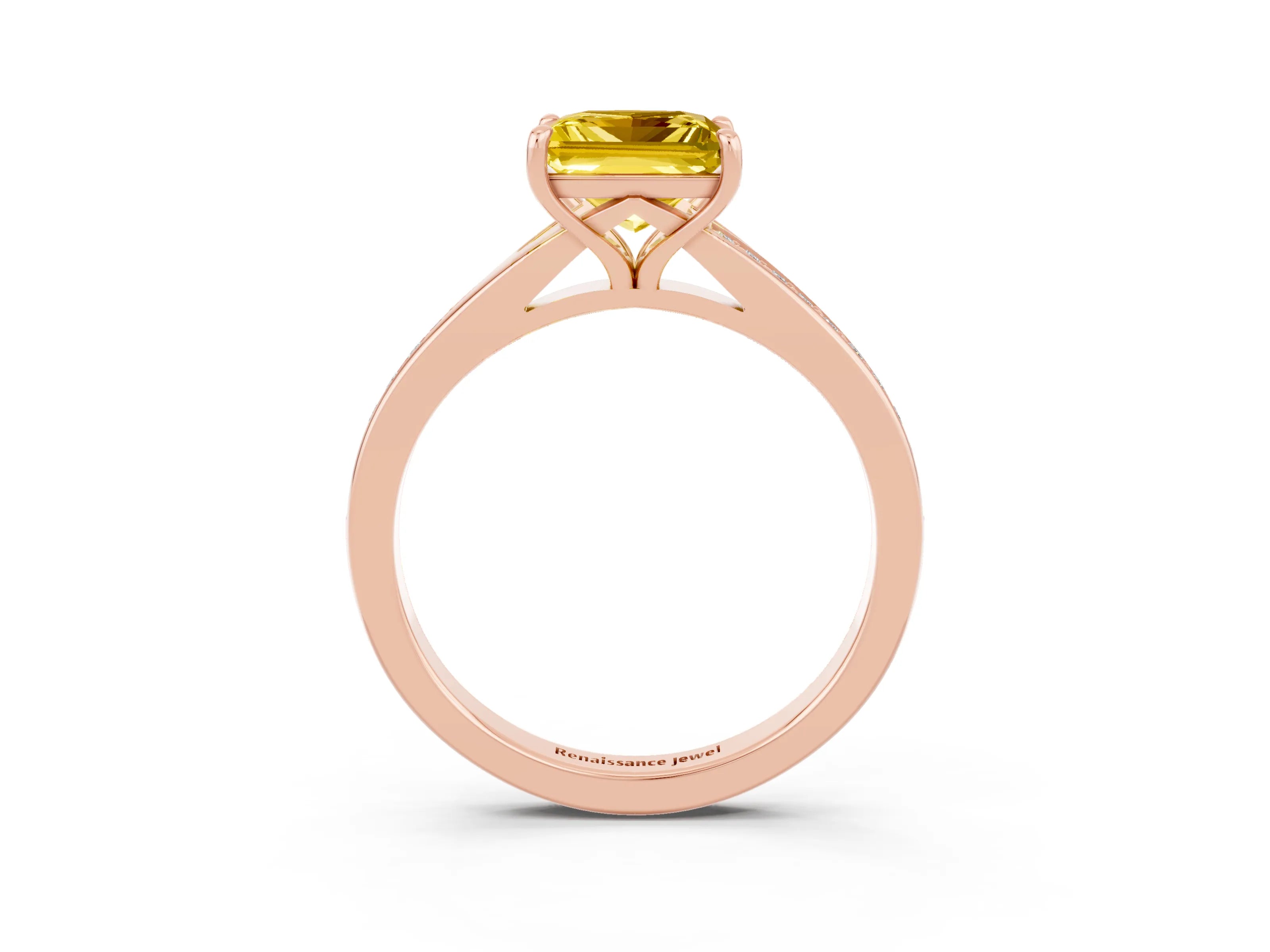 Rose gold Princess Cut Yellow Sapphire Solitaire Ring with Pavé Band and Prong Setting_3
