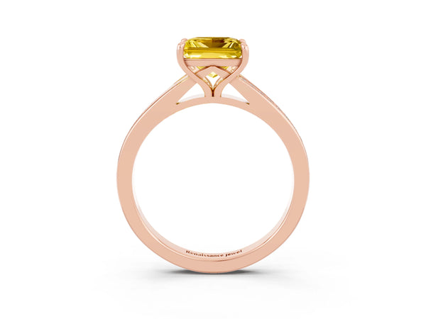 Rose gold Princess Cut Yellow Sapphire Solitaire Ring with Pavé Band and Prong Setting