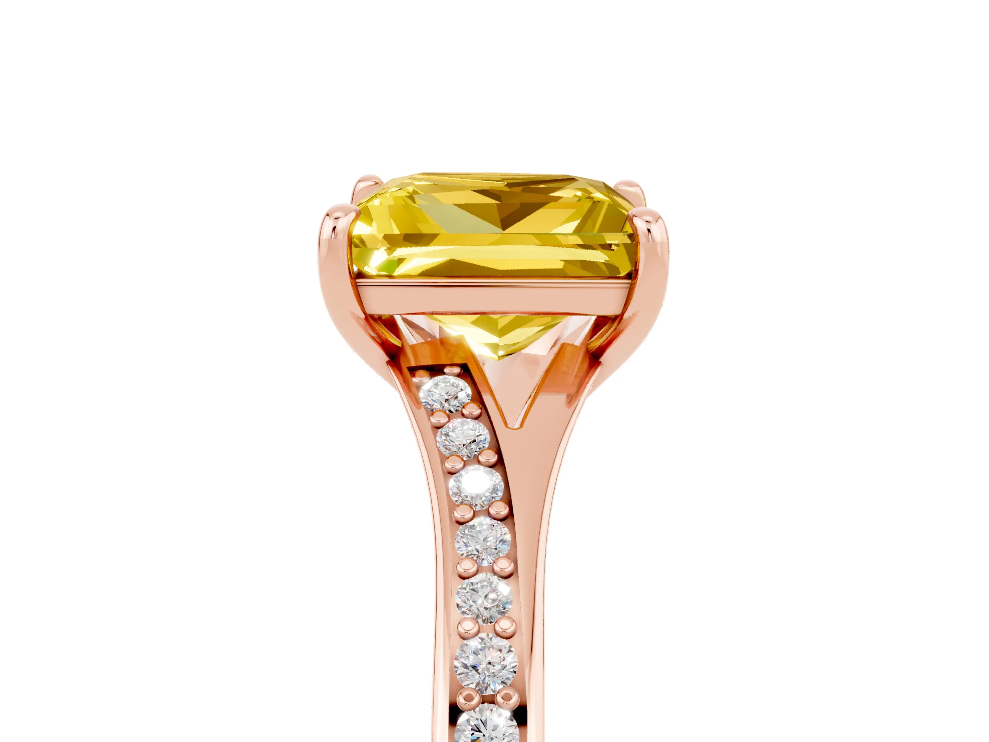 Rose gold Princess Cut Yellow Sapphire Solitaire Ring with Pavé Band and Prong Setting_5
