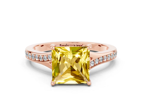 Rose gold Princess Cut Yellow Sapphire Solitaire Ring with Pavé Band and Prong Setting