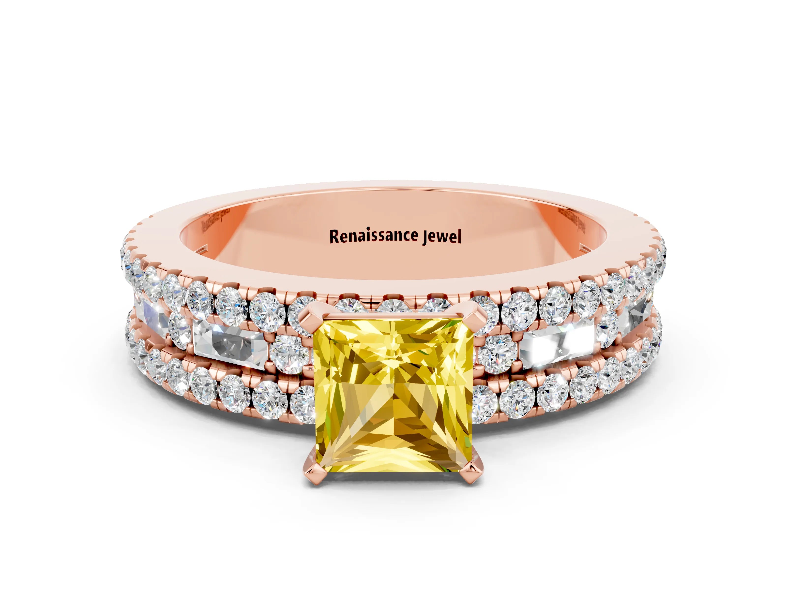 Rose gold Princess Cut Yellow Sapphire Solitaire Ring with Pavé and Channel Set Band_24