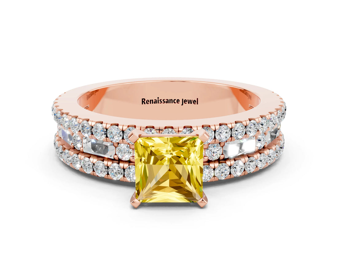 Rose gold Princess Cut Yellow Sapphire Solitaire Ring with Pavé and Channel Set Band_24