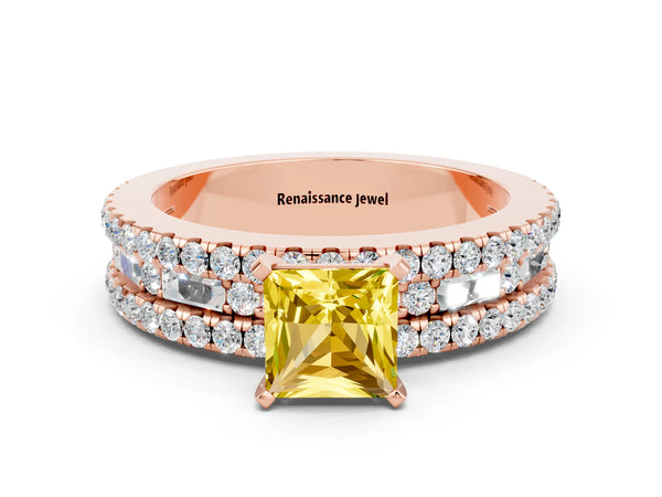 Rose gold Princess Cut Yellow Sapphire Solitaire Ring with Pavé and Channel Set Band