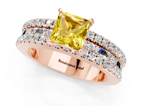 Rose gold Princess Cut Yellow Sapphire Solitaire Ring with Pavé and Channel Set Band