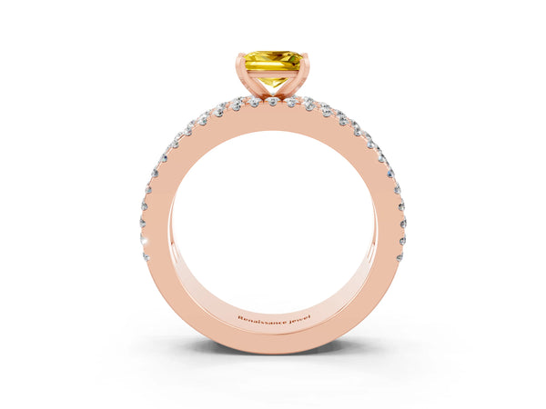Rose gold Princess Cut Yellow Sapphire Solitaire Ring with Pavé and Channel Set Band