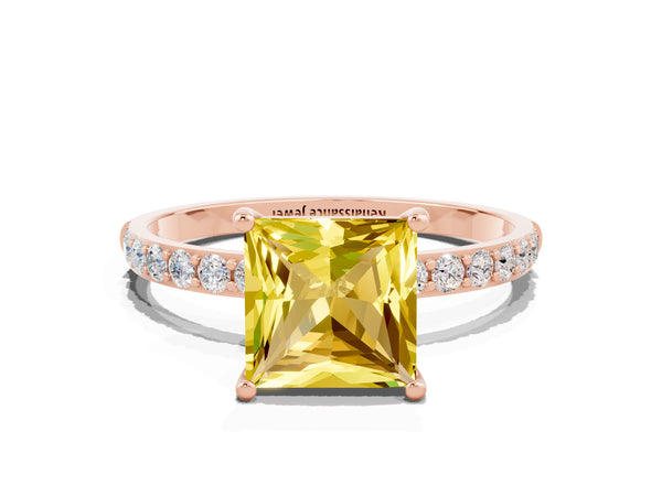 Rose gold Princess Cut Yellow Sapphire Solitaire Ring with Round  Pavé Band and Prong Setting