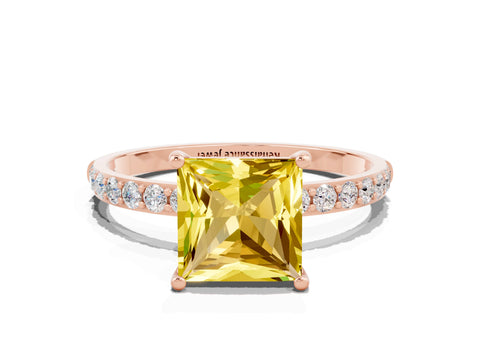 Rose gold Princess Cut Yellow Sapphire Solitaire Ring with Pave Band and Four Prong Setting_48