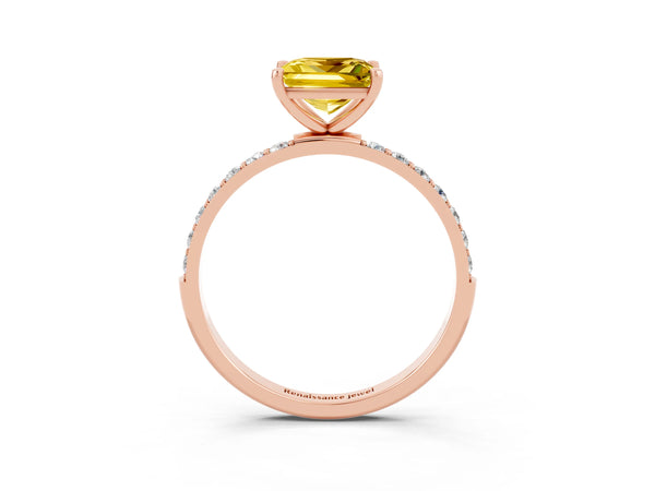 Rose gold Princess Cut Yellow Sapphire Solitaire Ring with Round  Pavé Band and Prong Setting
