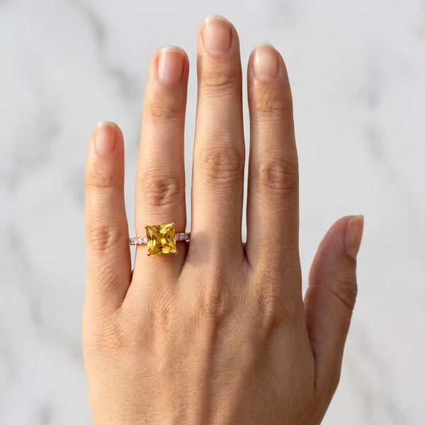 Rose gold Princess Cut Yellow Sapphire Solitaire Ring with Round  Pavé Band and Four-Prong Setting