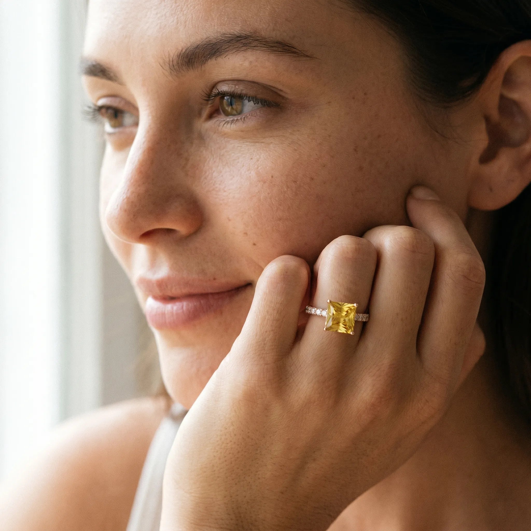 Rose gold Princess Cut Yellow Sapphire Solitaire Ring with Round  Pavé Band and Four-Prong Setting_79