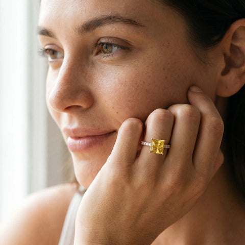Rose gold Princess Cut Yellow Sapphire Solitaire Ring with Round  Pavé Band and Four-Prong Setting_79