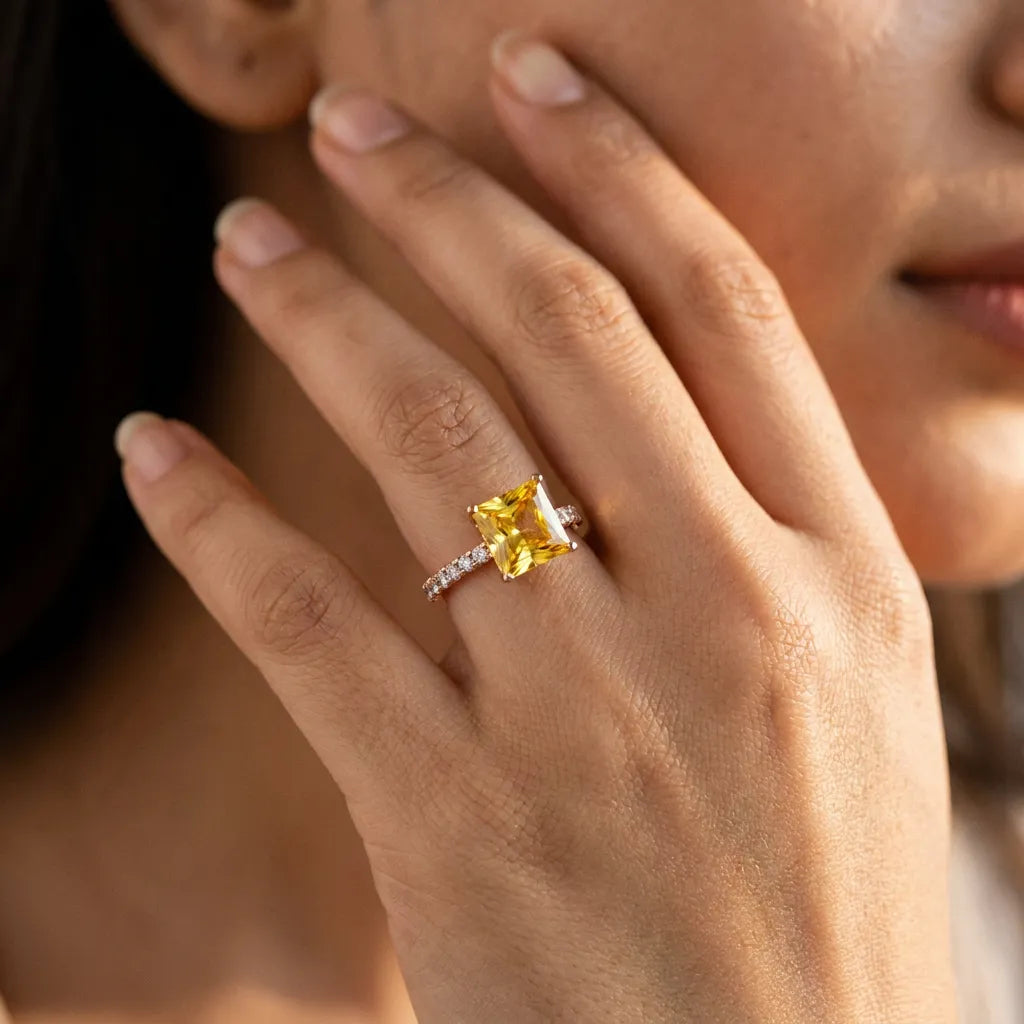 Rose gold Princess Cut Yellow Sapphire Solitaire Ring with Round  Pavé Band and Four-Prong Setting_80