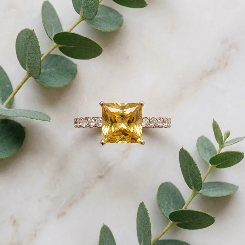 Rose gold Princess Cut Yellow Sapphire Solitaire Ring with Round  Pavé Band and Four-Prong Setting_81