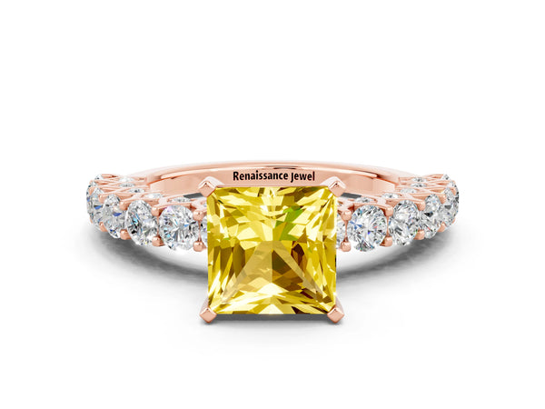 Rose gold Princess Cut Yellow Sapphire Solitaire Ring with Shared Prong Pavé Band and Four-Prong Setting